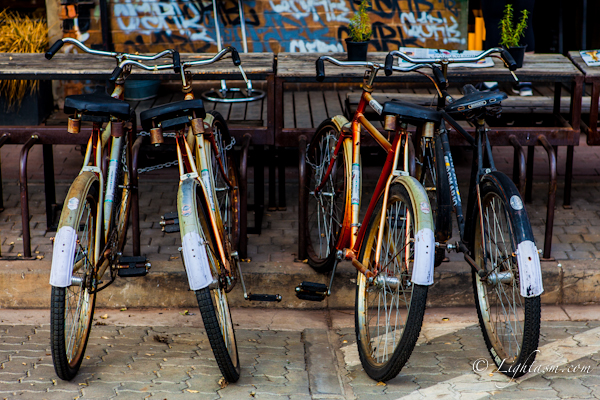 Bicycles Lined Up Outside Coffee Shop